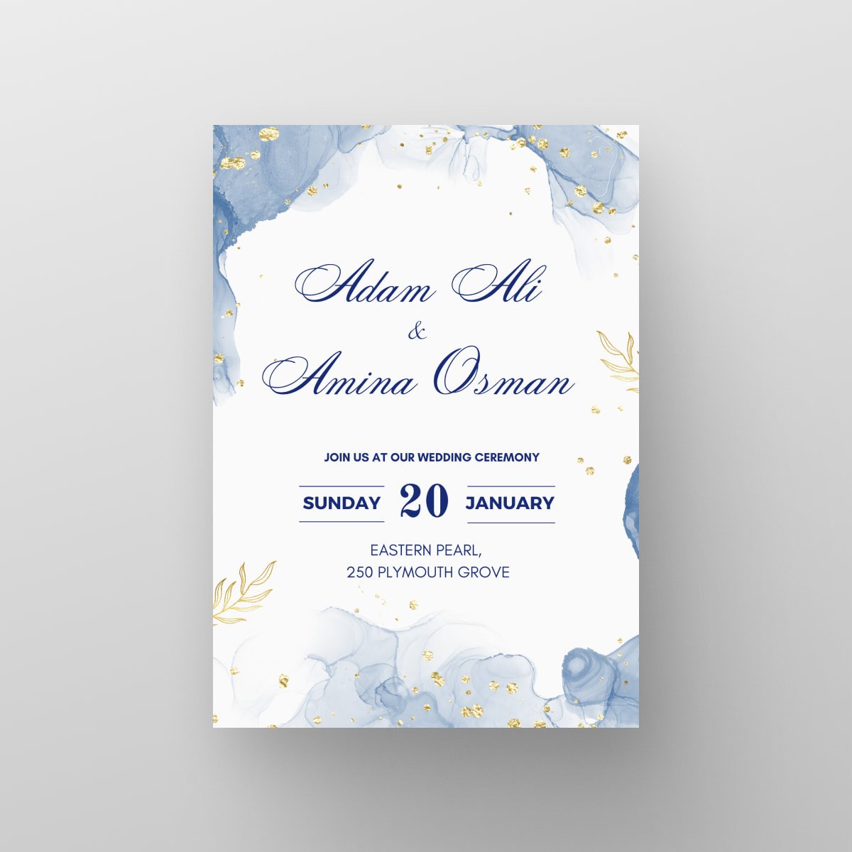 Aqua wedding invitation card design — blue watercolour with gold accents