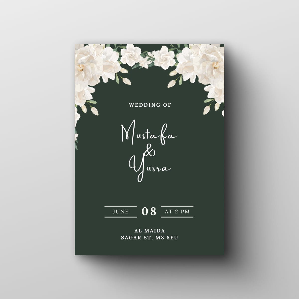 Aurora wedding invitation card design — deep green with ivory florals