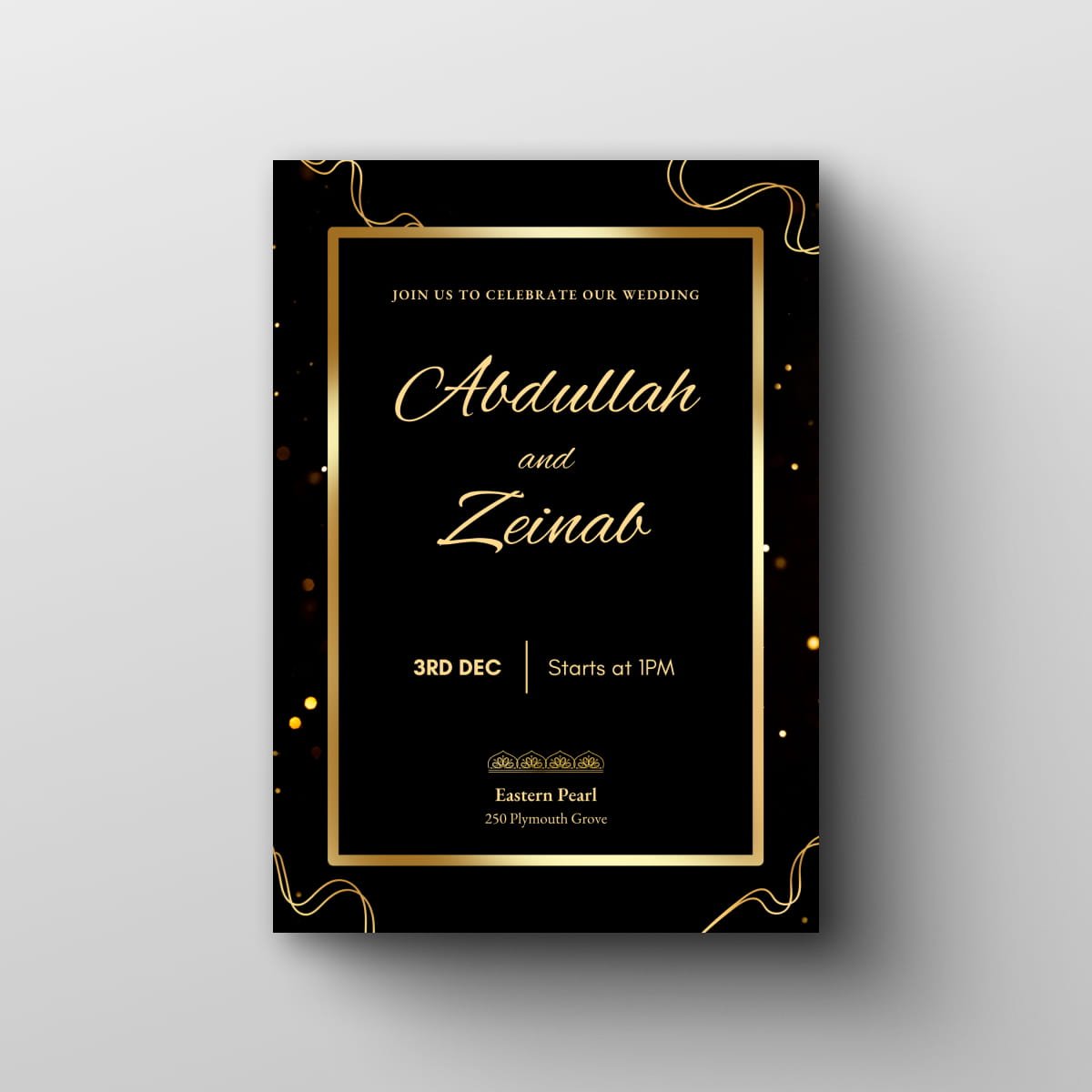 Eclipse wedding invitation card design — black and gold frame