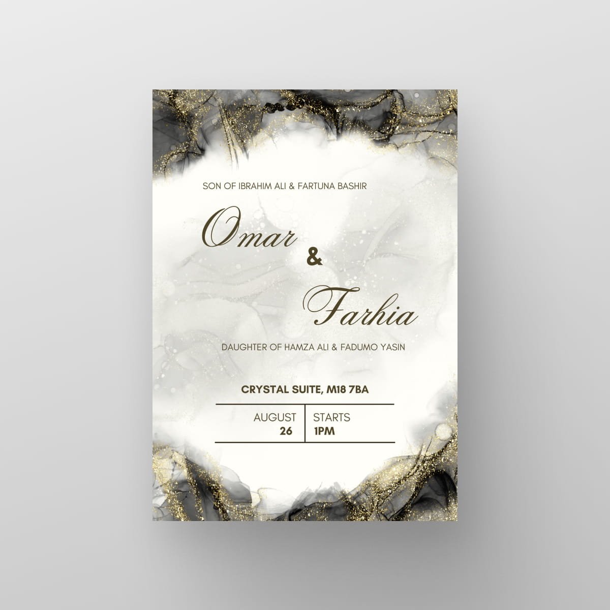 Galaxy wedding invitation card design — ivory marble with gold detail